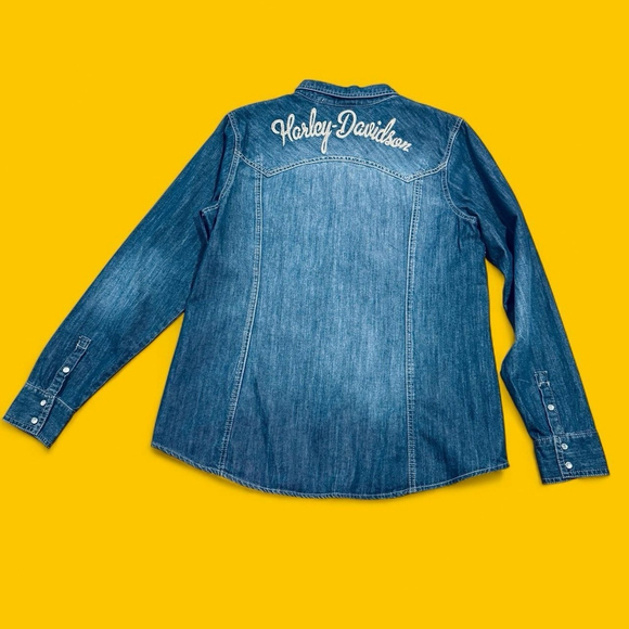 Harley-Davidson Denim Button Down Shirt Women XL Western Snap Logo Embroidered - Picture 7 of 10